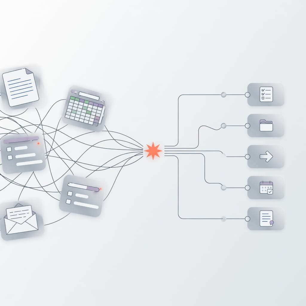 Scattered work inputs consolidating into a clear ordered workflow path